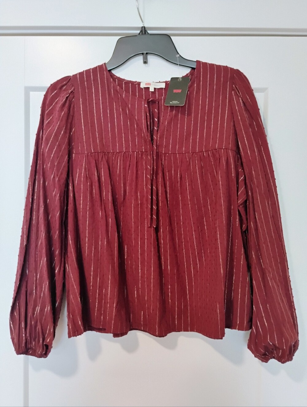 NWT S Levi's Maroon Long Puff Sleeve Babydoll Tie Neck Top Blouse NEW